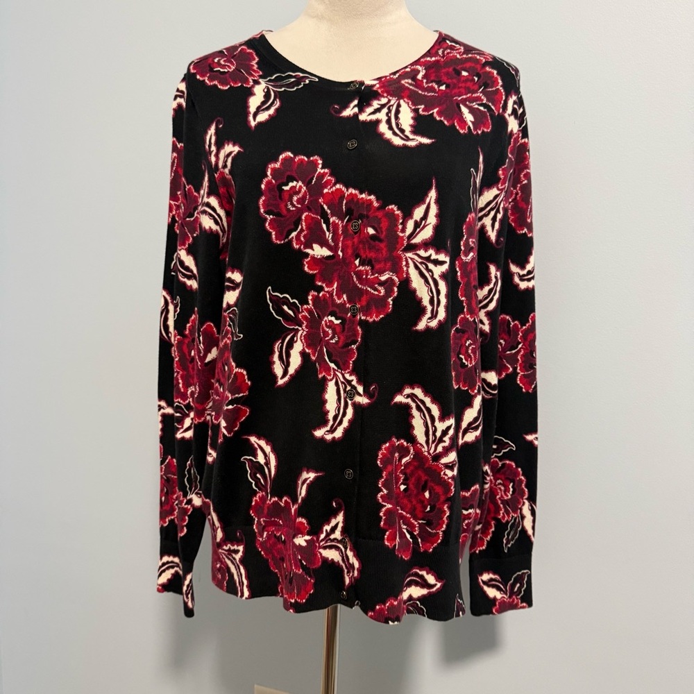 Lands End Women’s Long Sleeve Button Down Floral Print Cotton Cardigan Size L